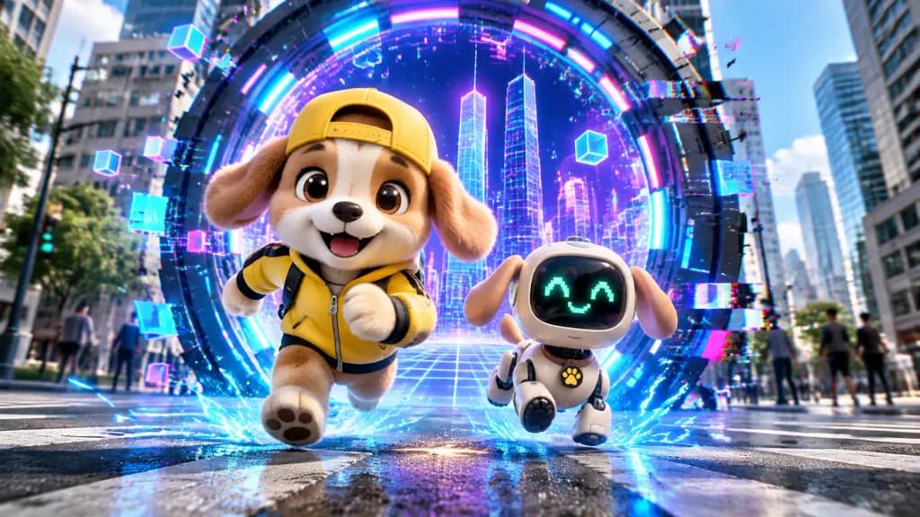 子犬マスコットとロボット犬のサイバーポータル
