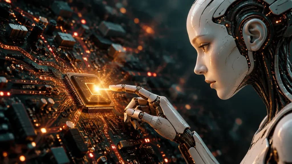 IA humanoide tocando un microchip brillante