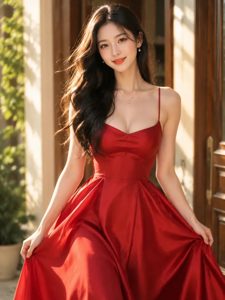 หญิงสาวเอเชียตะวันออกในชุดราตรีผ้าซาตินสีแดง