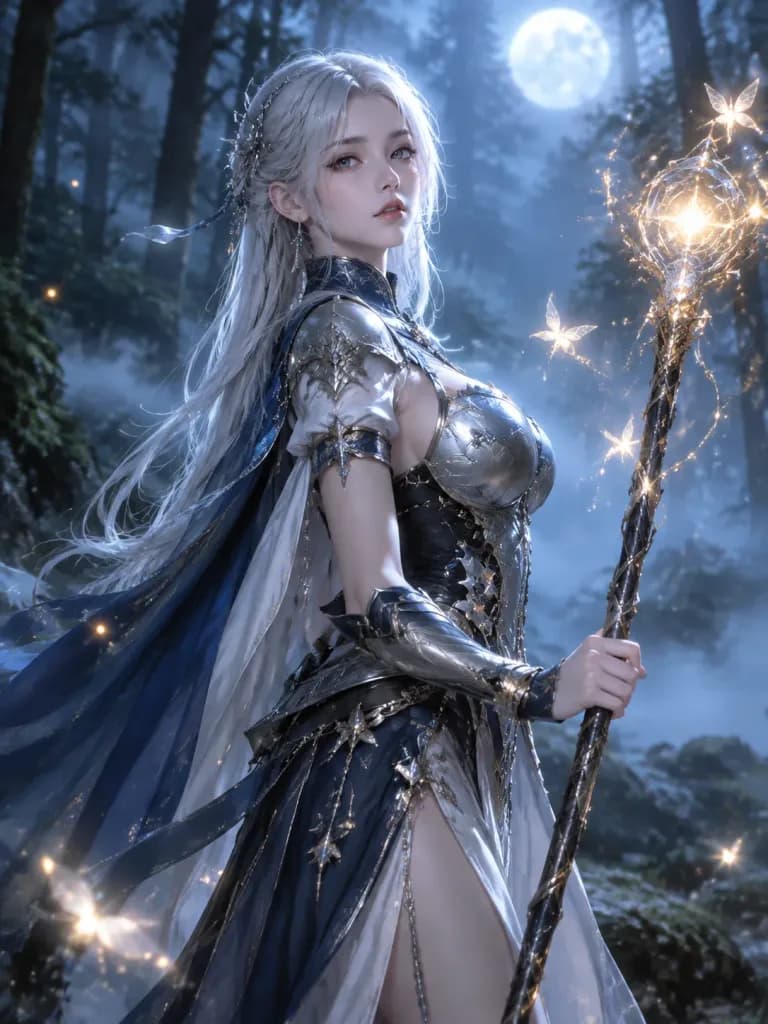 霧深い森に佇む月光の女戦士
