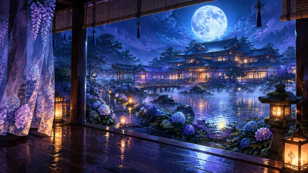 月夜の雨に煙る紫陽花屋敷庭園