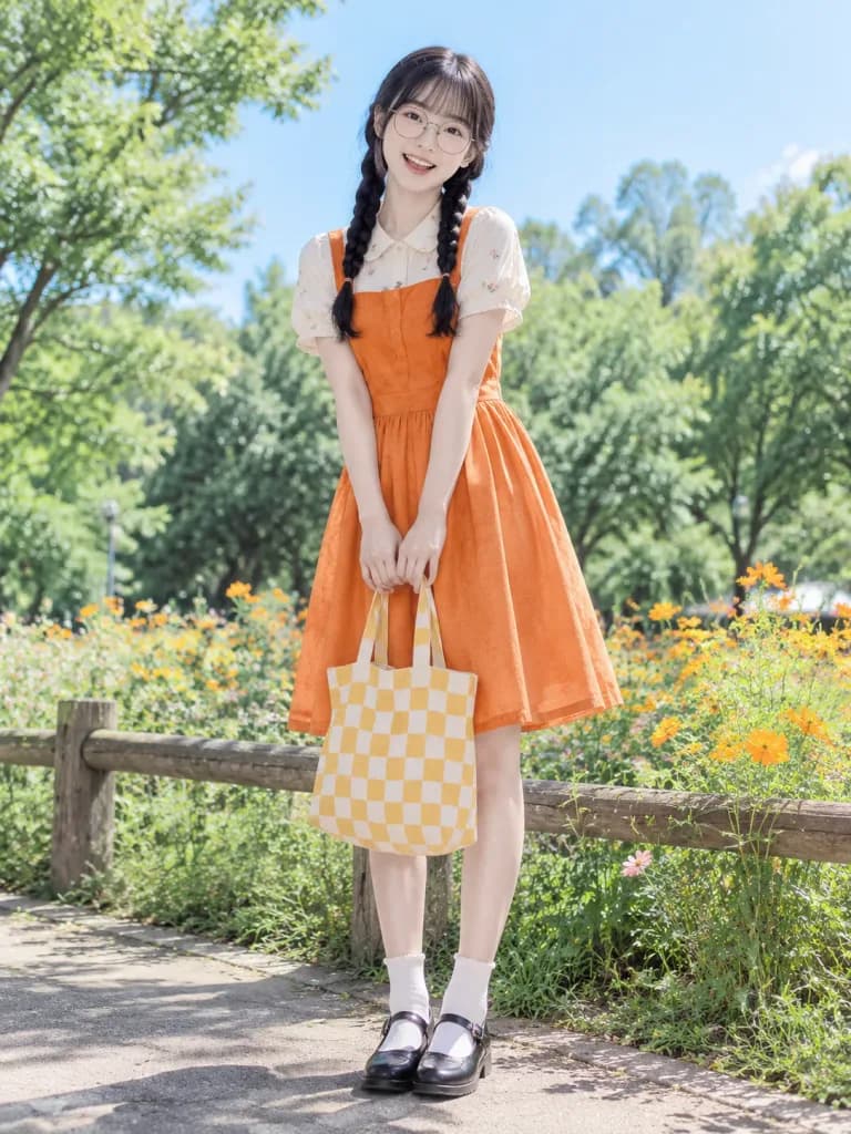 봄날 공원의 동아시아 소녀