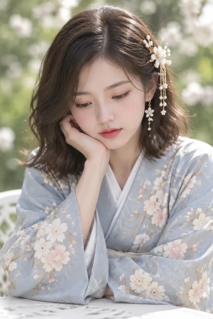 身穿碎花和服的東亞少女
