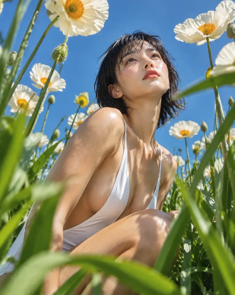 Low-Angle Sunlit Floral Fashion Portrait