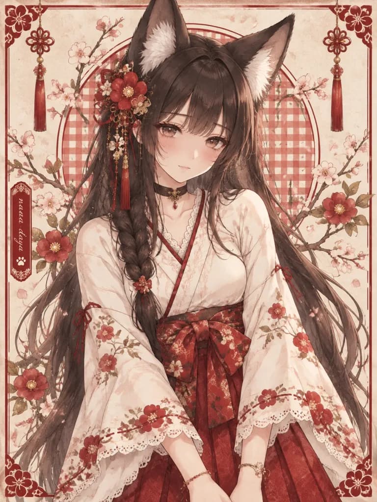 狐耳巫女の和風絵葉書