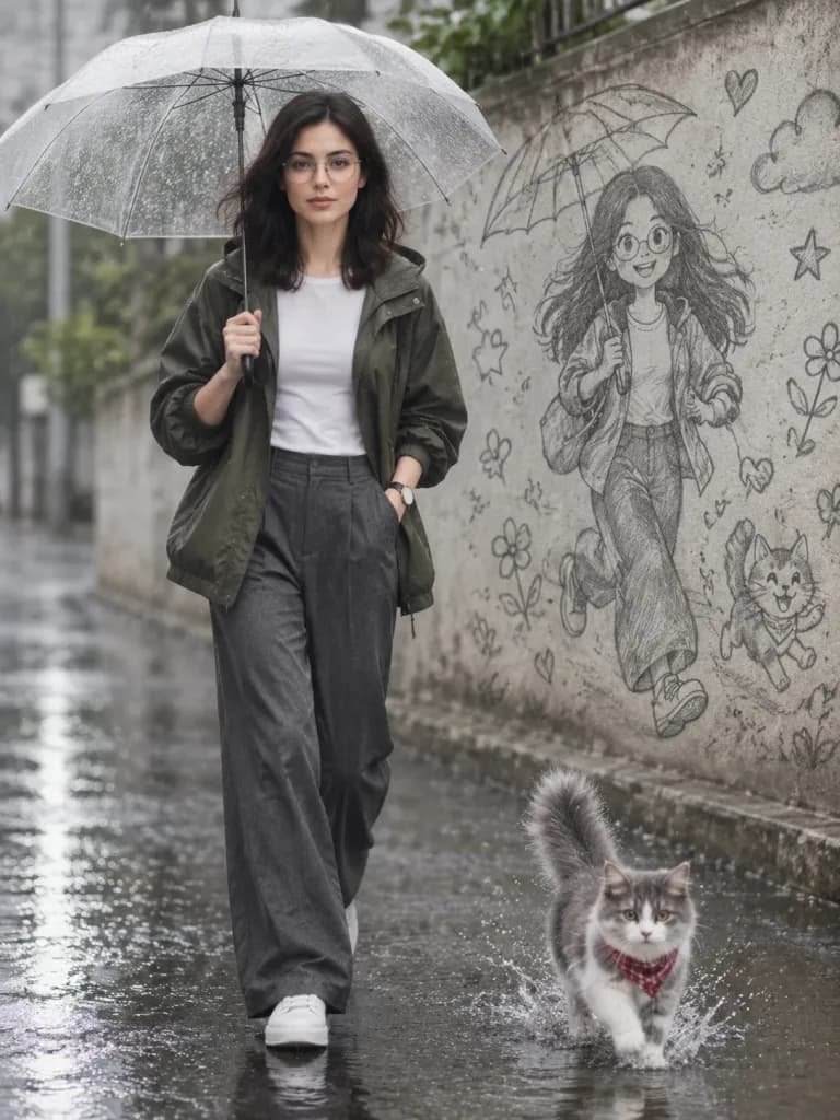 Portrait dans la Rue Pluvieuse avec Murale