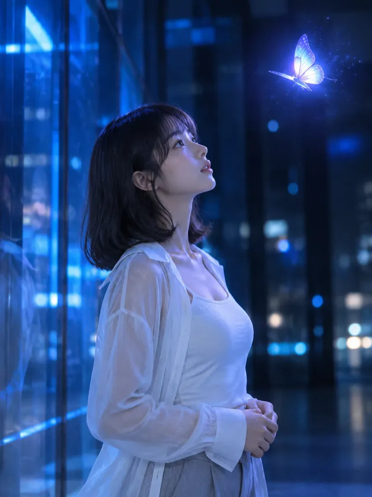 Woman Looking at Glowing Butterfly in Blue
