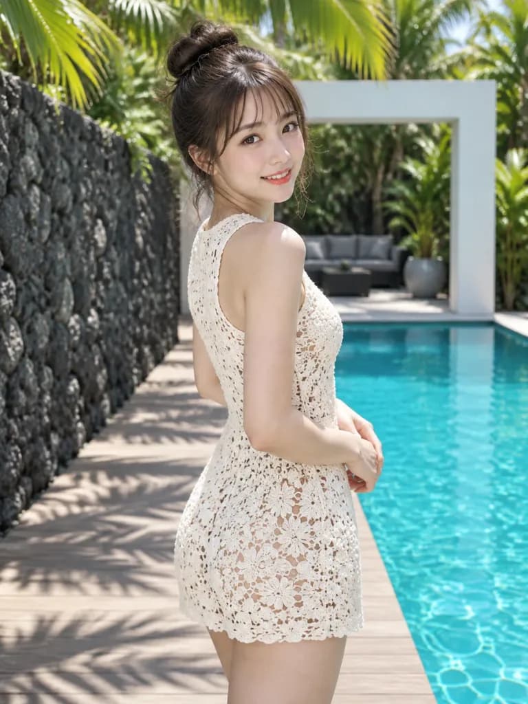 プールサイドの白クロシェドレスポートレート