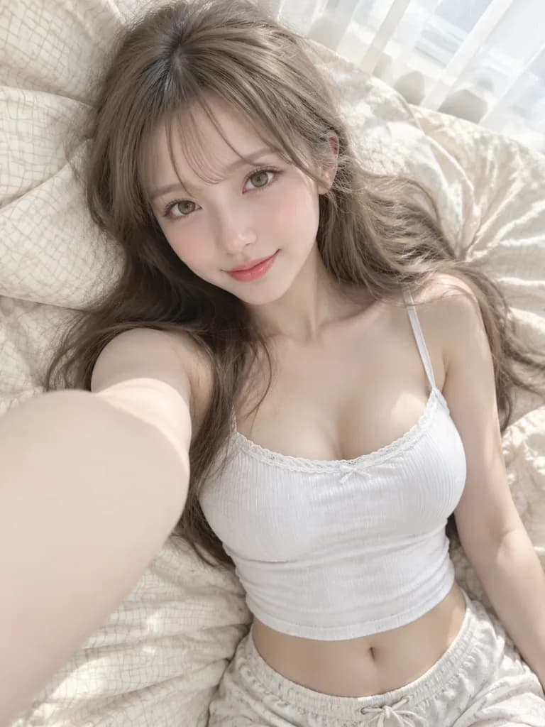 柔らかな朝光が差し込むベッドサイドの自撮り