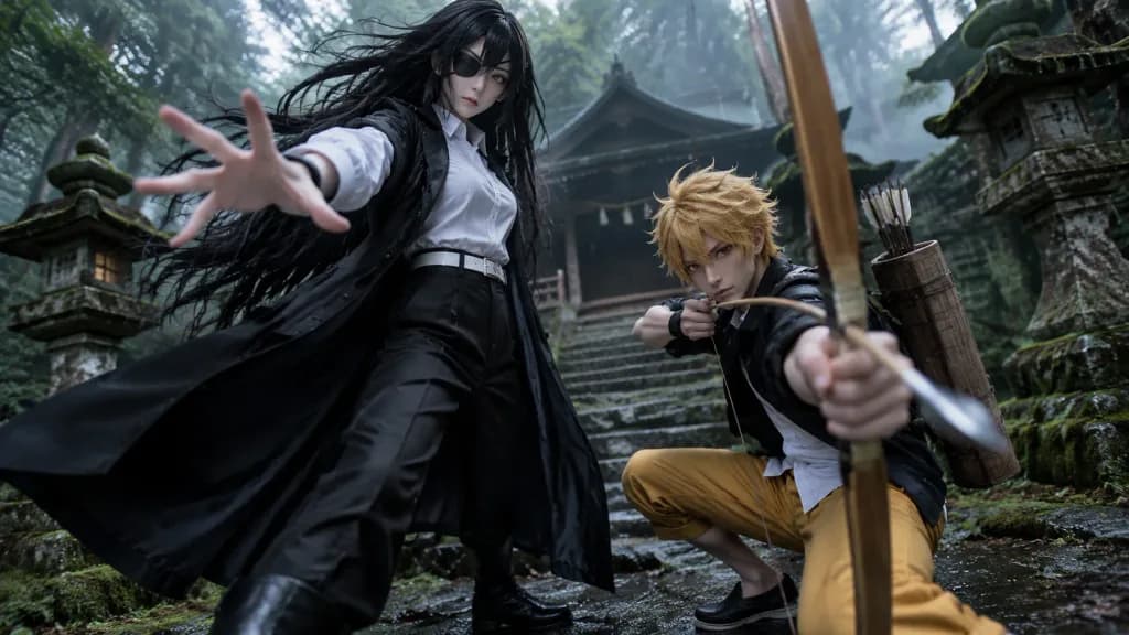 森の神社でのアニメコスプレペア