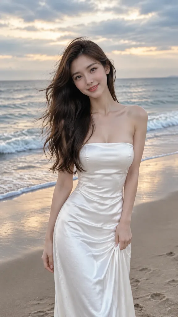 Portrait sur la Plage en Robe de Satin à l'Heure Dorée