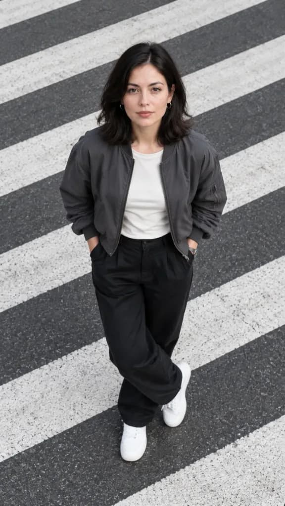 ストライプ道路の俯瞰ストリートファッションポートレート