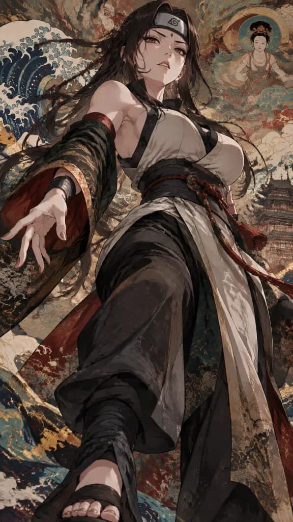 Maximalistische Anime-Heldin im Dunhuang- und Ukiyo-e-Stil
