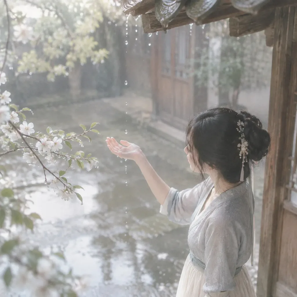 唐代の中庭に降る朝雨の肖像