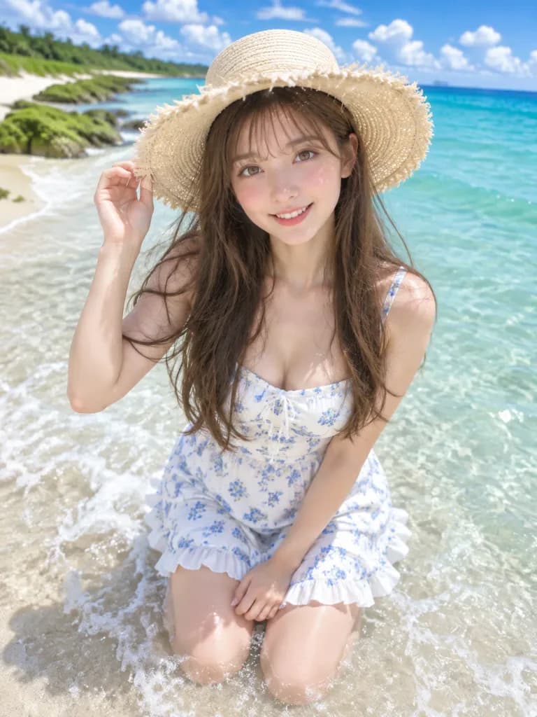 Femme Agenouillée sur la Plage avec un Chapeau de Paille