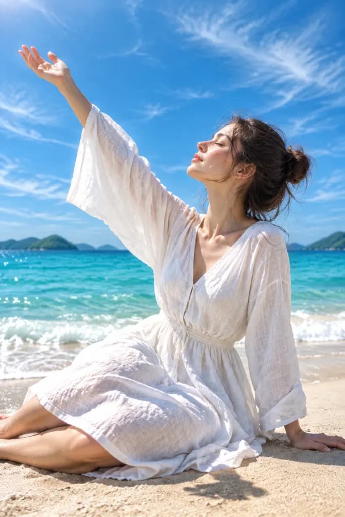 Sunlit Woman on Summer Shoreline