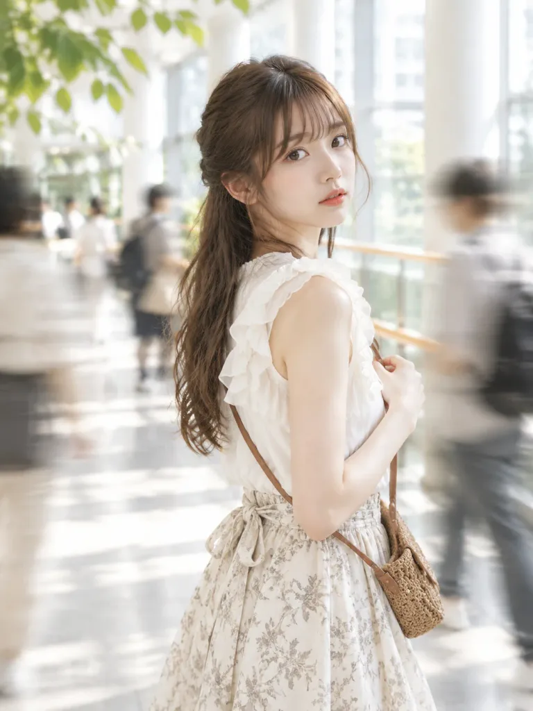 Woman Looking Back in Blurred Crowd