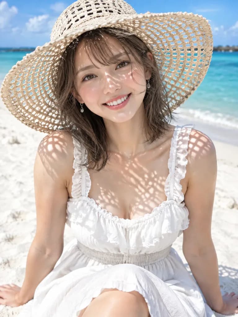 Sunlit Woman in Straw Hat on Beach