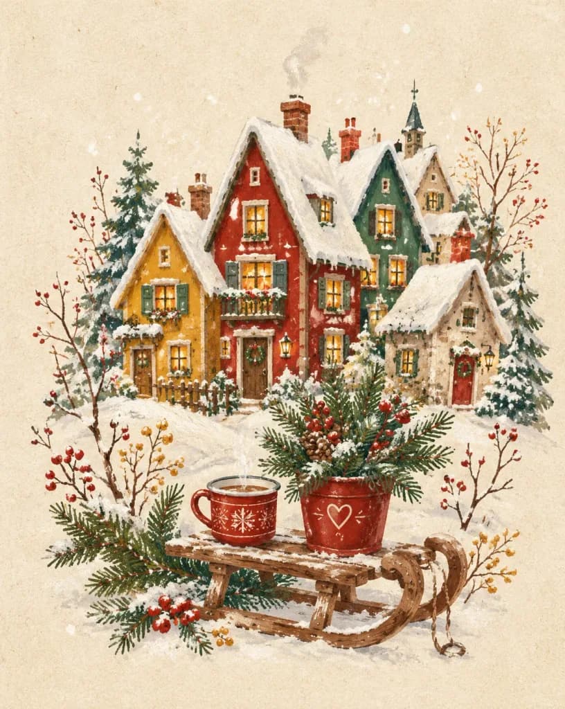 Winter Folk Art Village Illustration