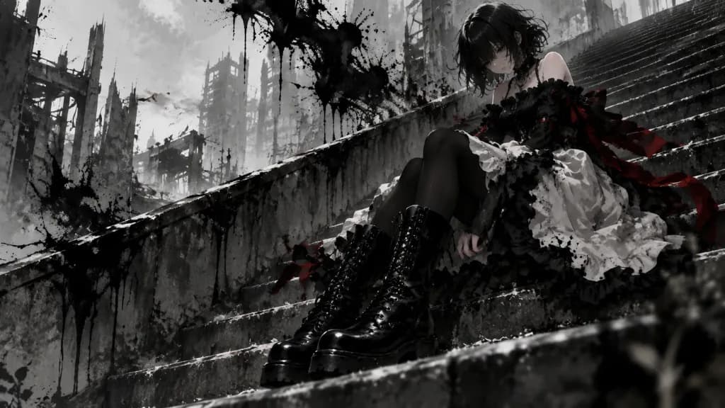 Melancholic Gothic Anime Girl on Stairs
