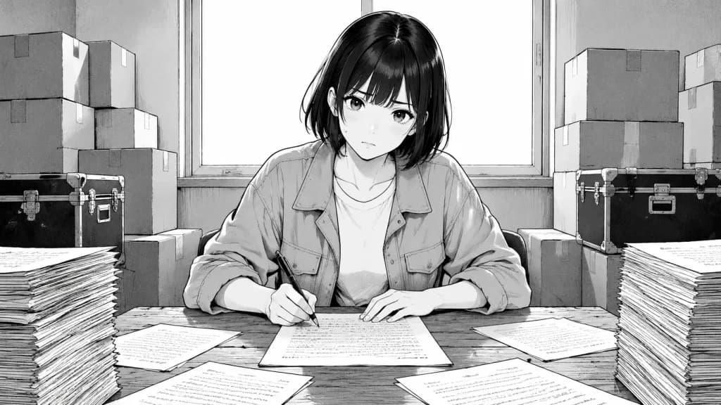 儲藏室伏案書寫的漫畫女性