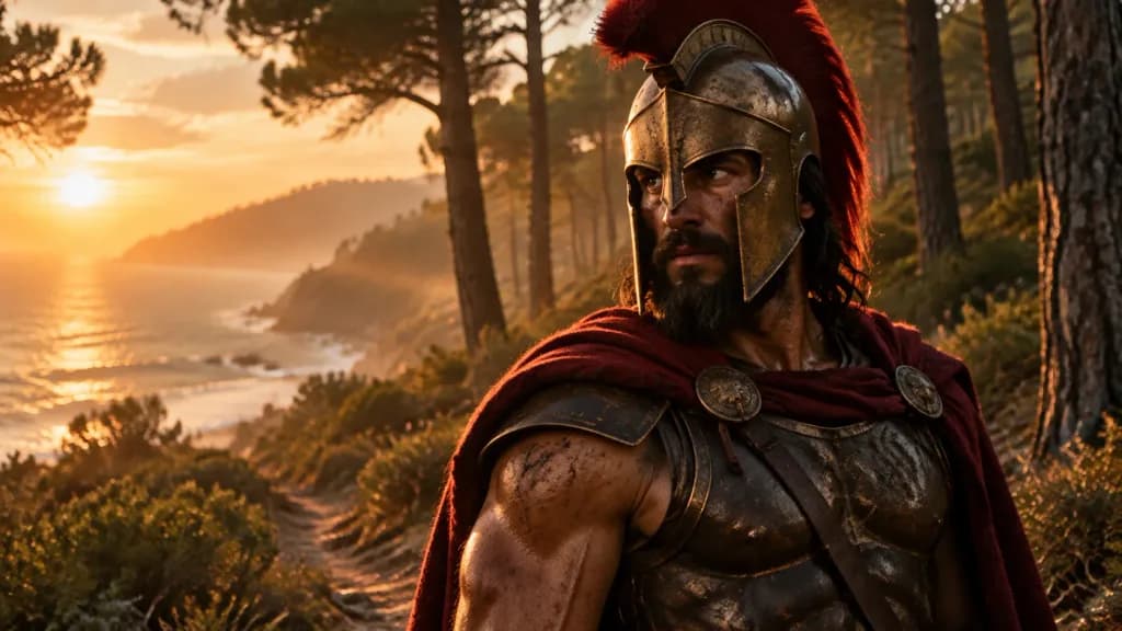 Spartan Warrior on Coastal Hillside