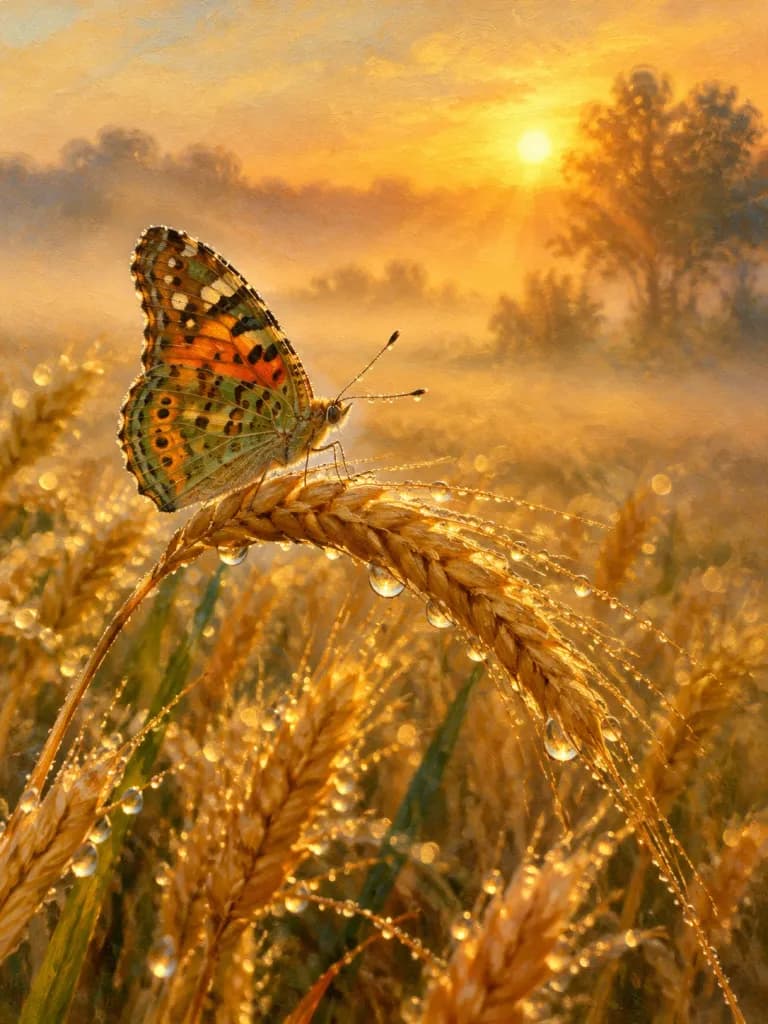 Schmetterling auf Weizen zur Goldenen Stunde