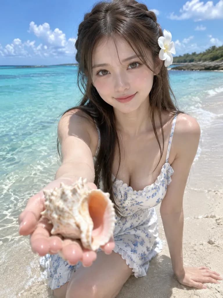 波打ち際で貝殻を差し出す女性