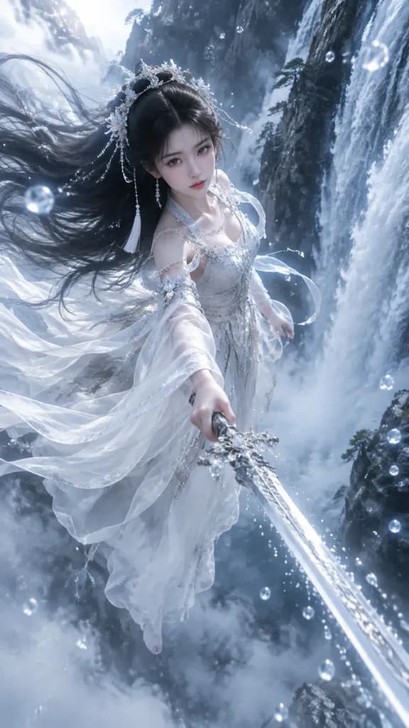 Fanciulla della Spada Xianxia presso la Cascata