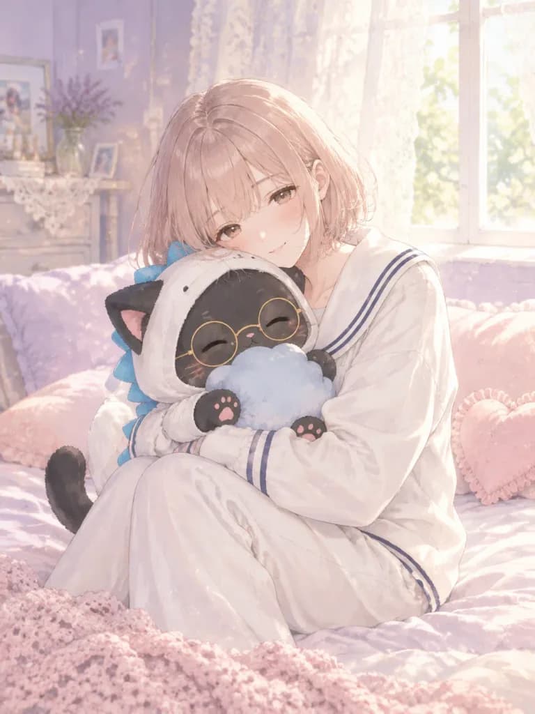 黒猫のぬいぐるみを抱くアニメ少女