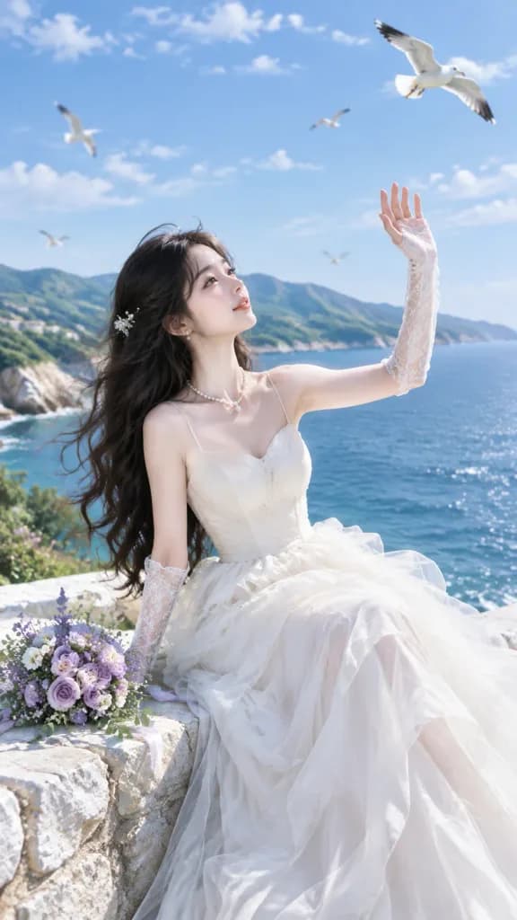 カモメが舞う海辺のエディトリアル花嫁ポートレート