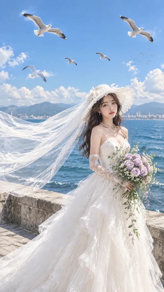 Coastal Editorial Bridal Portrait with Seagulls