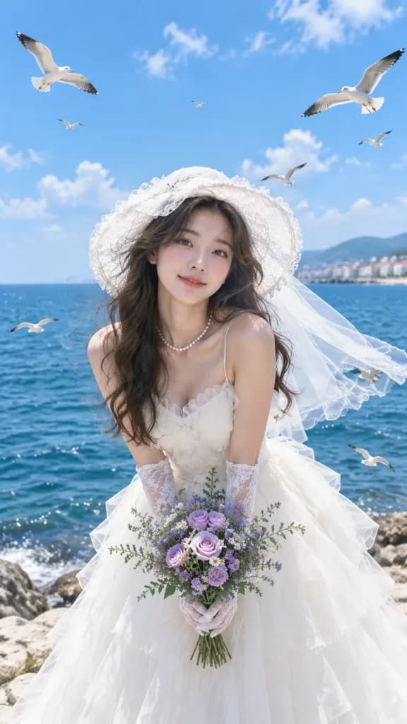 해변의 동아시아 신부 웨딩 인물사진