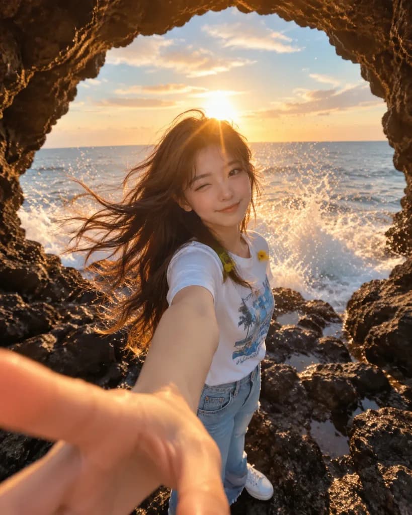 黄金时刻海蚀洞旅行人像