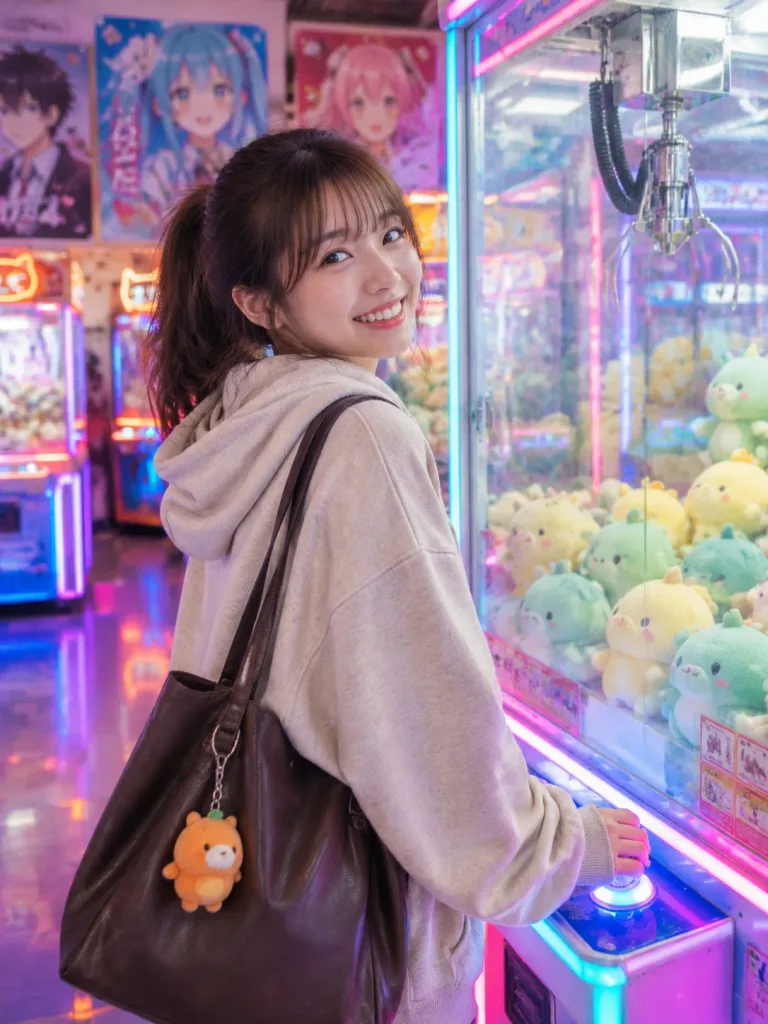 ゲーセンのクレーンゲーム前スナップポートレート