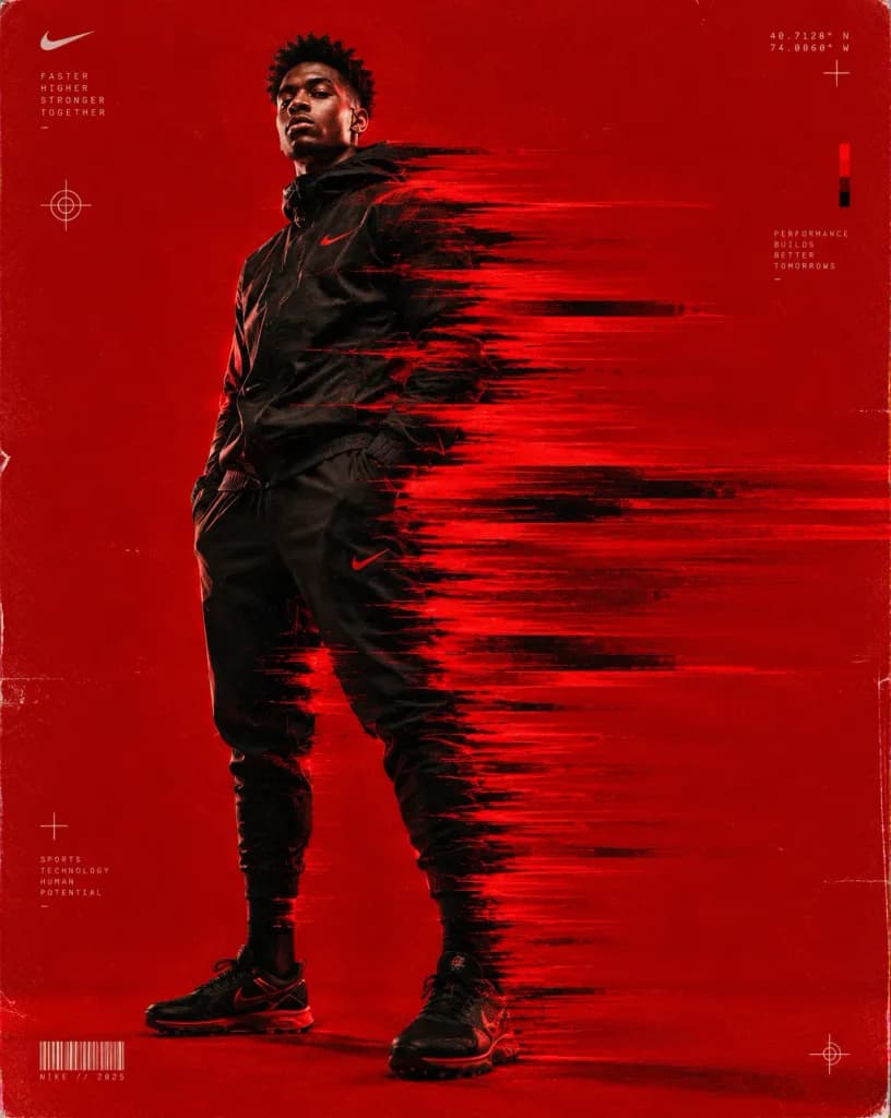 Crimson Sports Glitch Editorial Poster