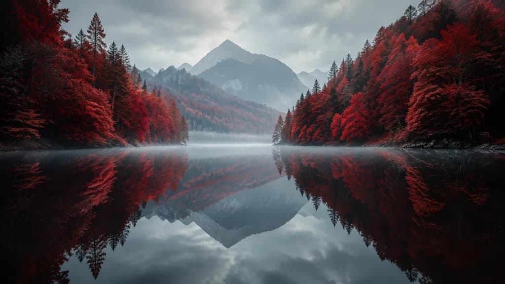 Crimson Forest Mountain Lake Reflection