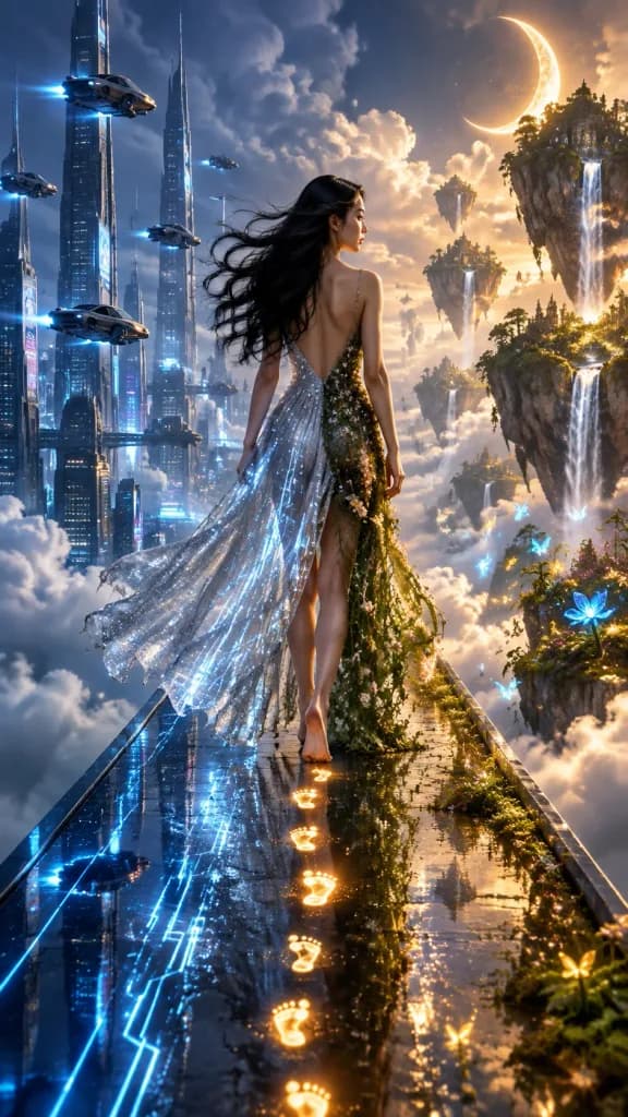Woman Walking Between Cyberpunk and Fantasy Realms
