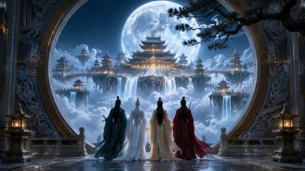 돌문 너머로 펼쳐진 달빛 선계 궁궐