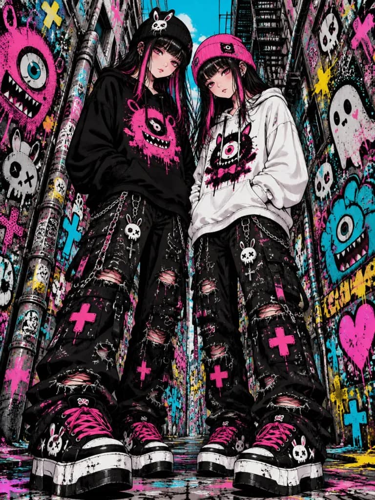 Neon Dark-Pop Streetwear Anime Twins