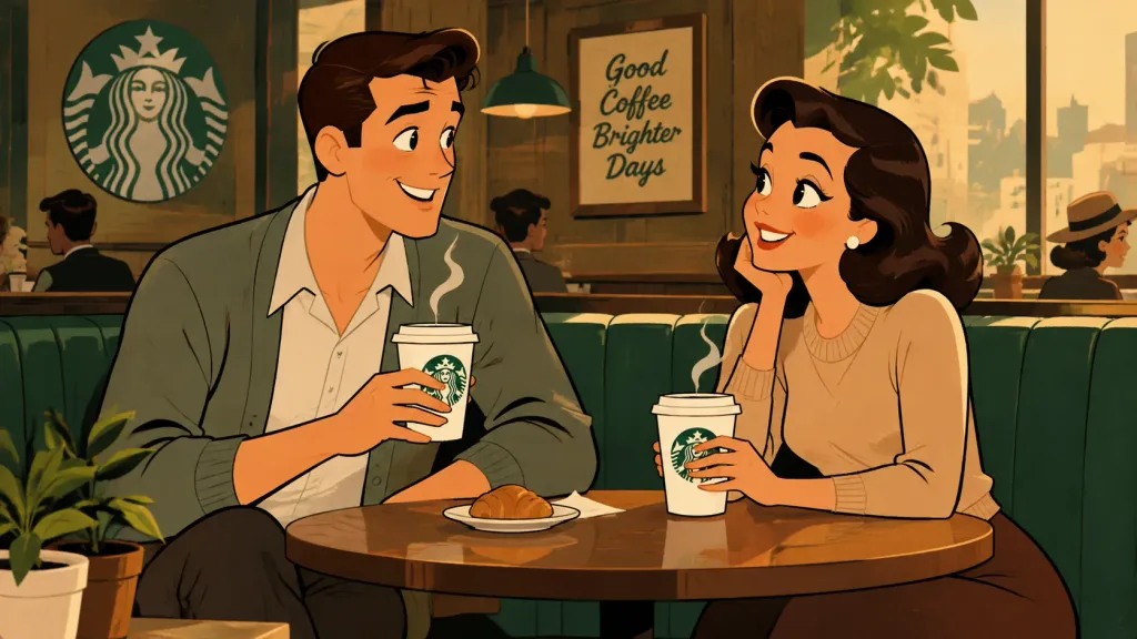 1950年代セルアニメ風カフェのカップル