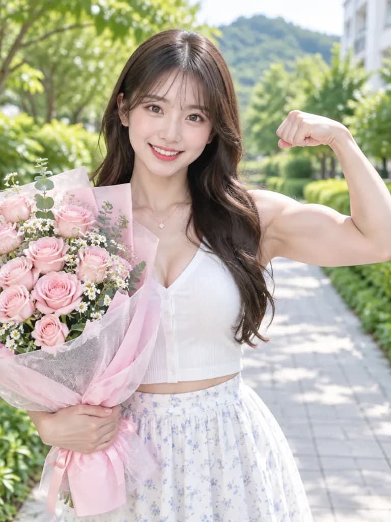 꽃다발을 들고 팔 근육을 자랑하는 여성