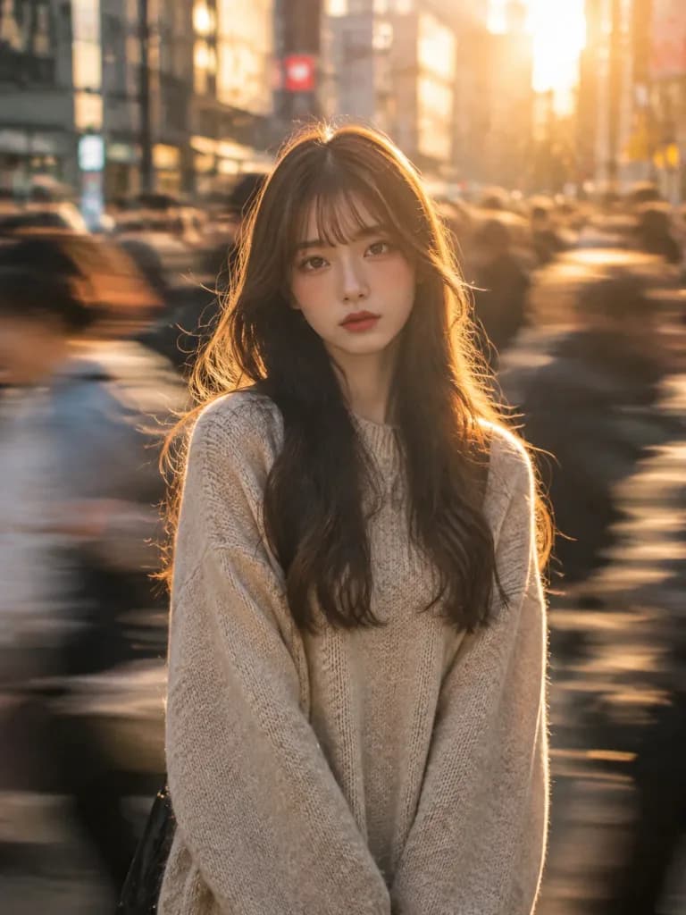 도시의 분주함 속 정적인 인물화