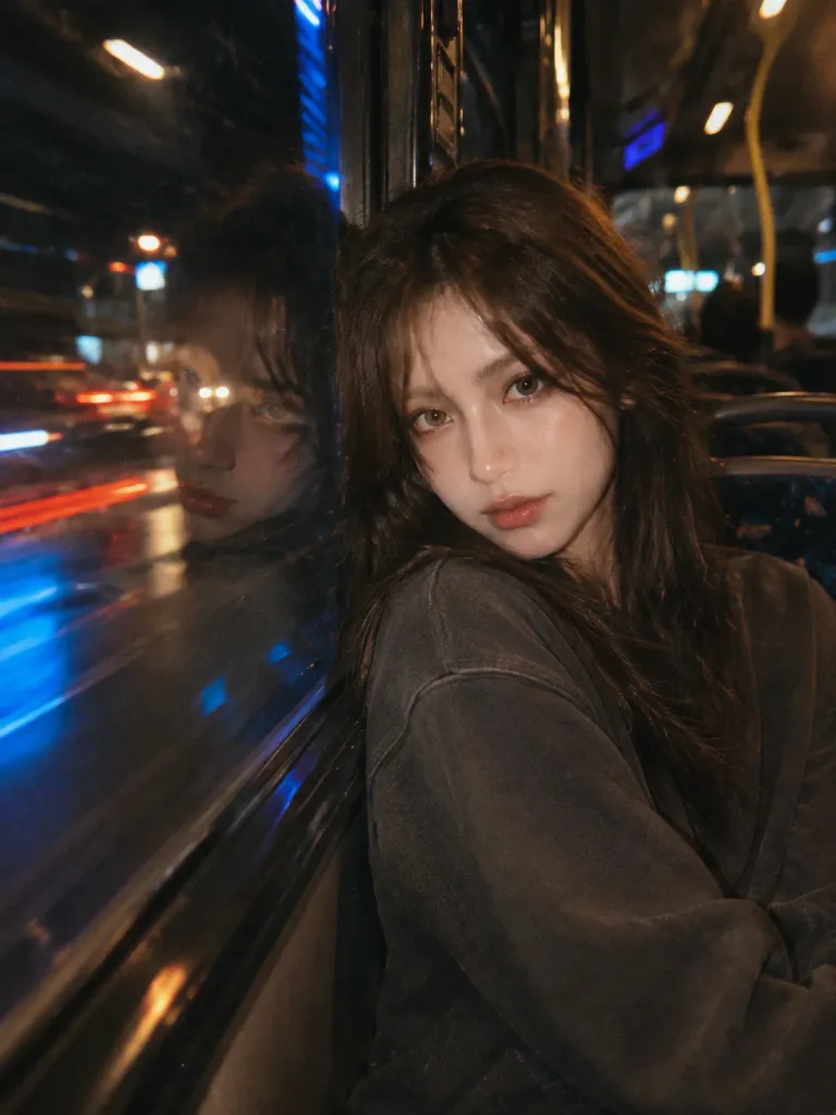 夜のバスの車窓と反射のシネマティックポートレート