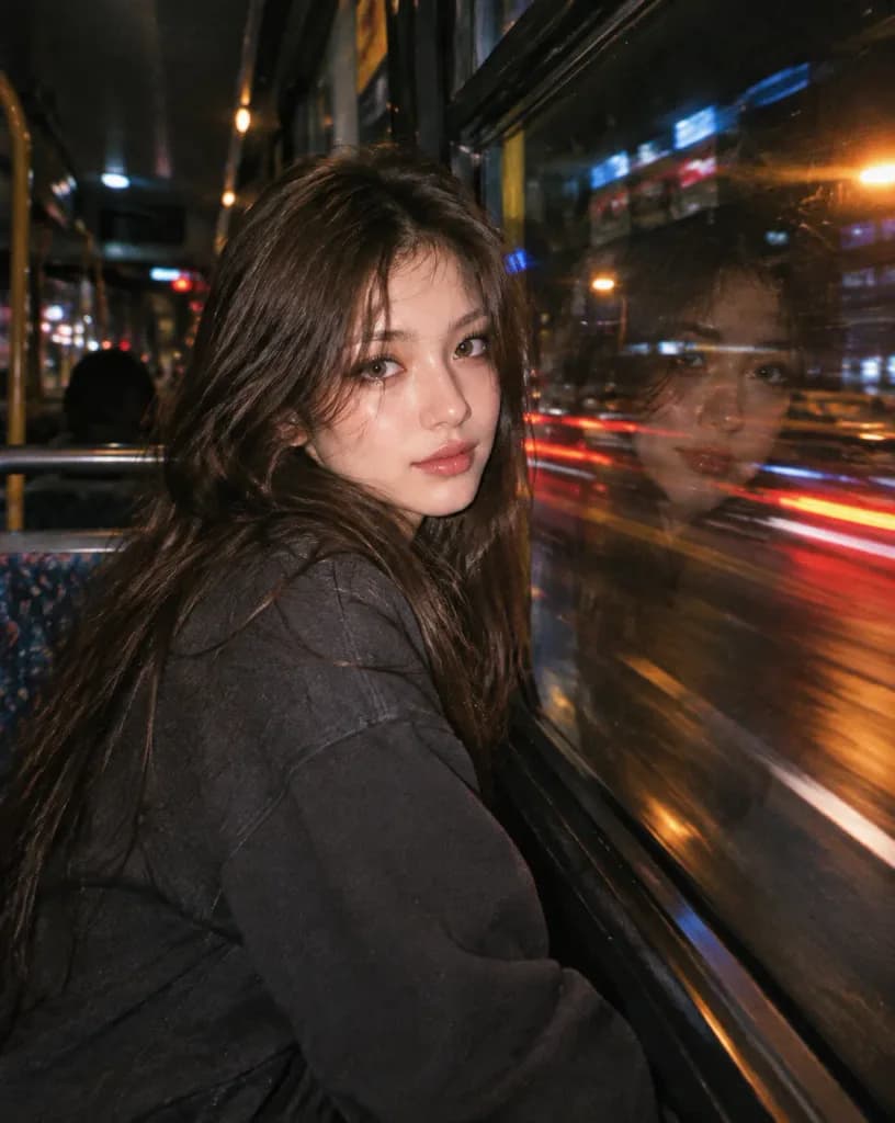 Candid Night Bus Reflection Portrait
