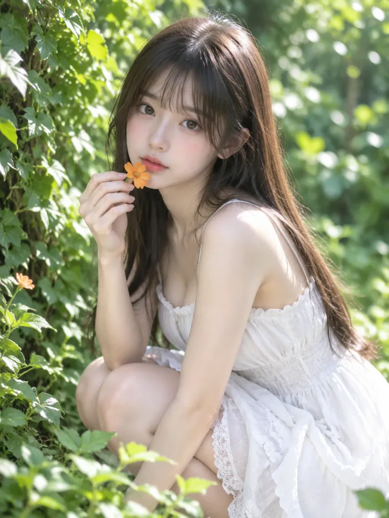 햇살 가득한 정원의 여름 드레스 인물 사진