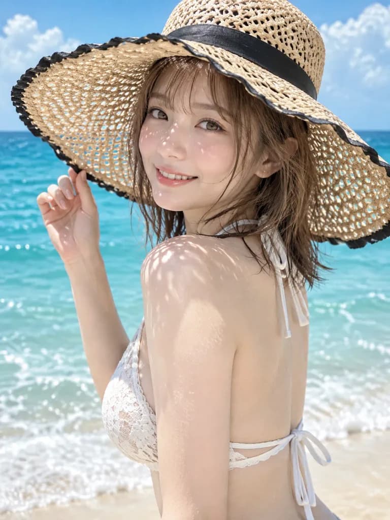 夏のビーチの麦わら帽子ポートレート