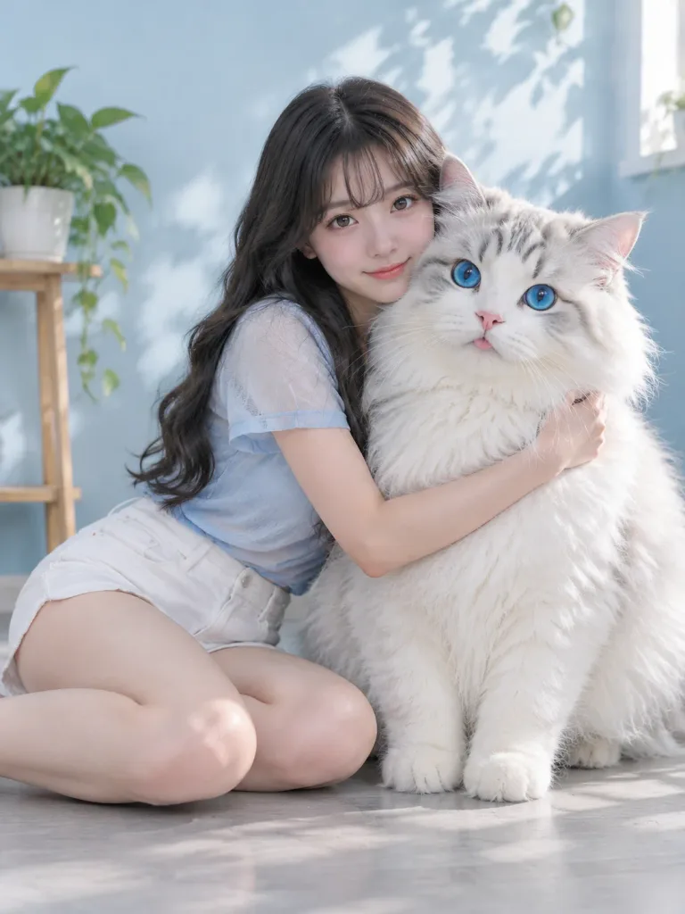 巨大な青い目の猫とハグ