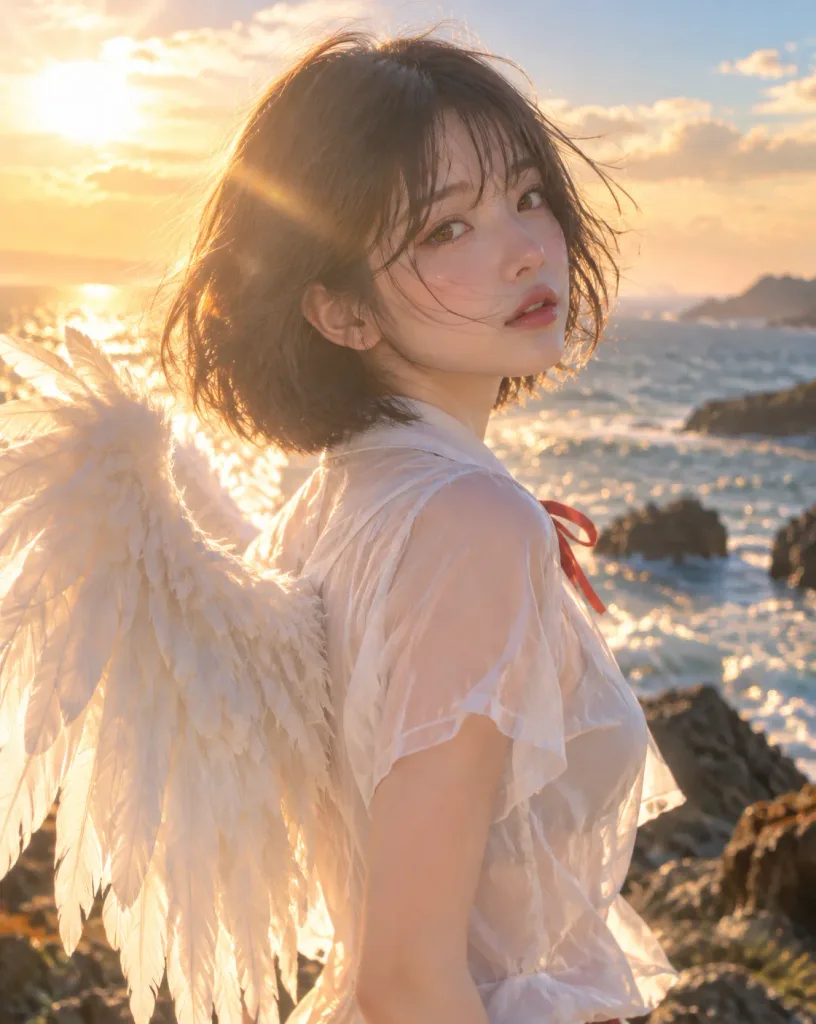 Angelic Woman on Coastal Cliff at Sunset