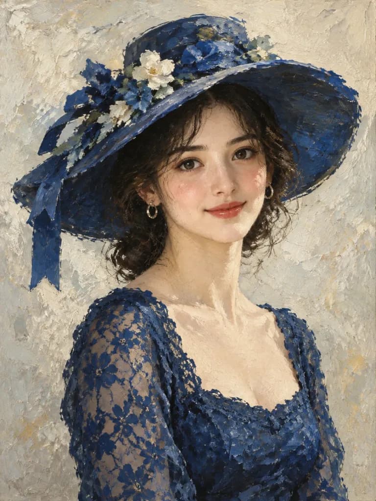 Retrato al Óleo Impresionista con Sombrero Azul